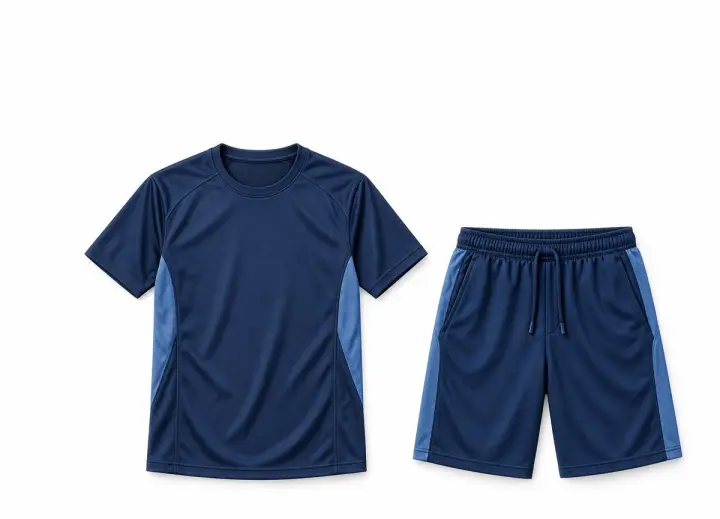 Navy sports T-shirt and shorts set with blue mesh panels