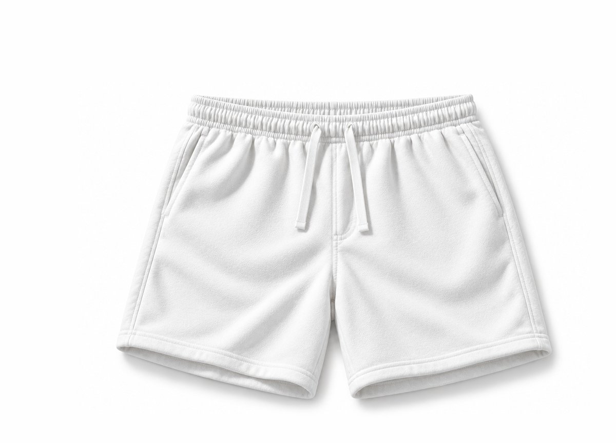 White fleece shorts with an elastic drawstring waist